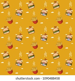 fast food pattern. vector background. flat icons design. burger, fries, drink. wallpaper