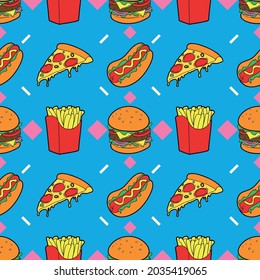 fast food pattern vector illustration . hot dog french fries burger pizza 
