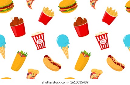 Fast food pattern vector isolated. Hot tasty food, french fries and cheeseburger, hot dog and pop corn. Unhealthy junk food, fabric texture.