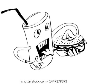 Fast food. Personage eating a Burger. Your hunger. Drink. vector illustration.