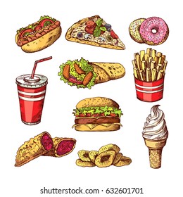 Fast Food Pictures. Burgers, Cola Sandwich Hotdog And French Fries. Hand Drawn Color Vector Illustrations. Burger Fast Food, Sandwich And Pizza Fastfood