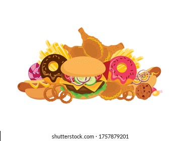 Fast food pile of junk food vector. Fast food icon vector. Pile of fried and sweet meal vector. American delicacy food icon isolated on a white background