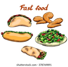 Fast food. Pita, fried chicken wings, hot dog, vegetable salad, wrap. Isolated set