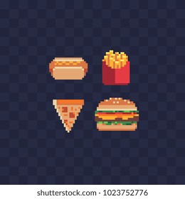 Iconos de arte de píxeles de comida rápida configuran hot dog, papa frita, pizza y hamburguesa aislada ilustración vectorial stickers de diseño, logo, aplicación móvil, menú. Juego de 8 bits sprite. 