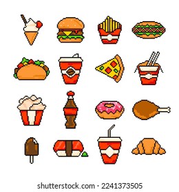 Fast food pixel art icons set, fast restaurant pixelated elements burger, hot dog, taco, ice cream, pizza, coffee. Vector illustration game assets 8-bit sprite, isolated street food pixel.