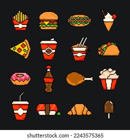 Juego de íconos de arte de píxeles de comida rápida, hamburguesa de elementos pixelados del restaurante rápido, hot dog, taco, helado, pizza, café. Ilustración vectorial de juegos de 8 bits, píxel de comida callejera aislado.