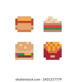 Fast food pixel art icons set, hot dog, pizza, burger and french fries. Design for stickers, logo, web and mobile app. Isolated vector illustration. 8-bit sprite game assets.