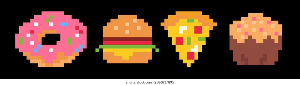 Fast food pixel art icons set in retro 8 bit, 80s, 90s video games style isolated on black background. Vector design element.