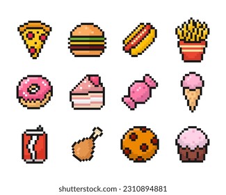 fast food pixel art set of icons, vintage, 8 bit, 80s, 90s games, computer arcade game items, cookie, ice cream, candy, vector illustration