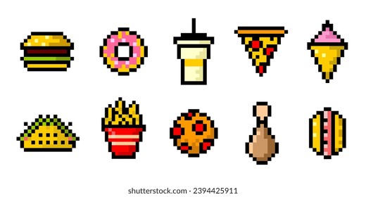 Conjunto de iconos de píxeles de comida rápida. Vintage, 8 bits, 80, 90 juegos, juegos de máquinas recreativas, pizza, helado, patatas fritas, hamburguesa. Ilustración vectorial.