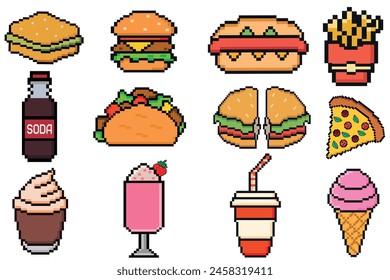 Fast food pixel art set of icons, fast restaurant pixelated elements burger, hot dog, taco, pizza, coffee, soda. Vintage game assets 8-bit sprite. 