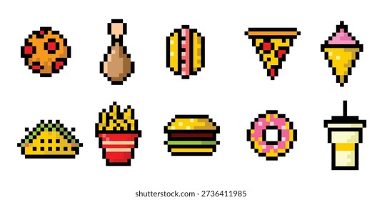 fast food pixel art set of icons vintage bit