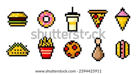 Fast food pixel art set of icons. Vintage, 8 bit, 80s, 90s games, computer arcade game items, pizza, ice cream, fries, hamburger. Vector illustration.