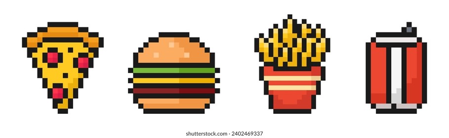 fast food pixel set of icons, vintage, 8 bit, 80s, 90s games, computer arcade game items, pizza, burger, french fries, soda, vector illustration