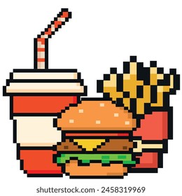 Fast food pixeled art hamburger, french fries, and a drink.  Trendy retro pixel art design style. 80s-90s, digital vintage game style. Vintage game assets 8-bit sprite. 