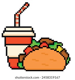 Fast food pixeled art tacos and a drink.  Trendy retro pixel art design style. 80s-90s, digital vintage game style. Vintage game assets 8-bit sprite. 