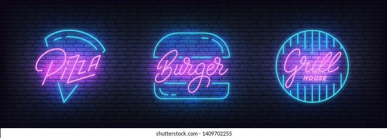 Fast food Pizza, Burger and Grill neon sign. Glowing food lettering labels for bar, cafe, restaurant