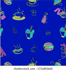 Fast food pizza burger and other pattern on color background