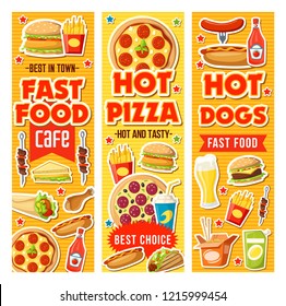 Fast food pizza and burger restaurant menu of snack meal and drink. Potato french fries, hamburger and sausage, hot dog, coffee and ice cream, chicken, milkshake and ketchup, vector design