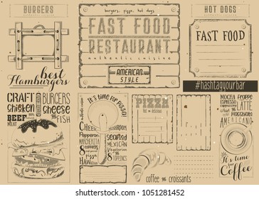 Fast Food - Pizza, Coffee, Burgers -  Drawn Menu Design with Place for Text. Placemat for Pizzeria, Bar  and Cafe. Vintage Craft Paper Design. Vector Illustration.