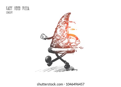Fast food pizza concept. Hand drawn piece of delicious pizza with ham and vegetables running. Dinner with unhealthy food isolated vector illustration.