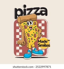 Fast Food Pizza Cute Funny Retro 60s 70s Cartoon Character Mascot Vector Illustration in Groovy Psychedelic Style for Bar Restaurant