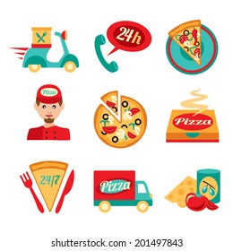 Fast food pizza delivery decorative icons set isolated vector illustration