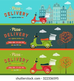 Fast food and pizza delivery horizontal banners set flat isolated vector illustration