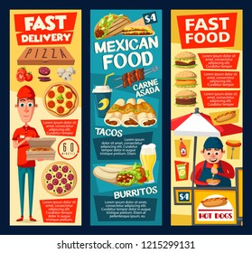 Fast food pizza delivery, mexican restaurant meal and street food vender. Vector burger, hot dog and hamburger sandwiches, burrito, taco and enchilada with soda and coffee drink