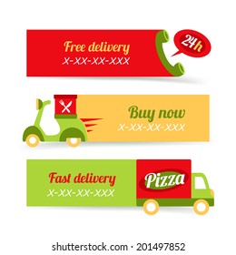 Fast food pizza free delivery 24h banners set isolated vector illustration