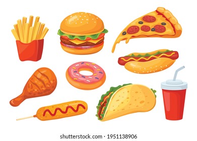 Fast food. Pizza and hamburger, cola and hot dog, chicken and donut, sandwich and corn dog. Isolated cartoon fastfood vector set. Having junk tasty meal as french fries, sausage and taco