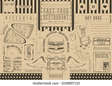 Fast Food - Pizza, Hot Dog, Burgers -  Drawn Menu Design with Place for Text. Placemat for Pizzeria, Bar, Pub and Cafe. Retro Craft Paper Design. Vector Illustration.
