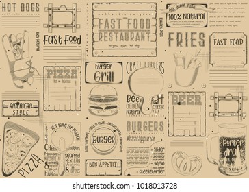 Fast Food - Pizza, Hot Dog, Burgers -  Drawn Menu Design with Place for Text. Placemat for Pizzeria, Bar, Pub and Cafe. Vintage Craft Paper Design. Vector Illustration.