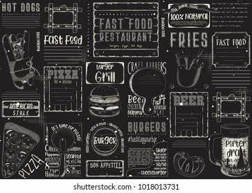 Fast Food - Pizza, Hot Dog, Burgers -  Chalk Drawn Menu Design with Place for Text on Blackboard. Placemat for Restaurant, Bar, Pub and Cafe. Vector Illustration.