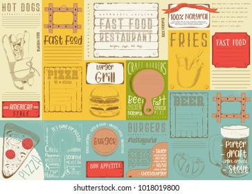 Fast Food - Pizza, Hot Dog, Burgers -  Drawn Menu Design. Placemat for Restaurant, Bar, Pub and Cafe. Vector Illustration.