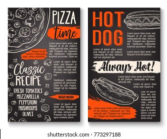 Fast food pizza and hot dog sandwich chalkboard poster. Italian pizza topping and hot dog ingredient menu template with tomato, olive and cheese, sausage, mushroom and sauce chalk sketch on blackboard