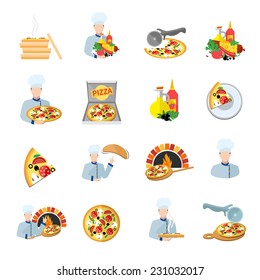 Fast food pizza maker perfect service fresh ingredients flat icons set isolated vector illustration