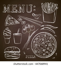 fast food, pizza, menu , drawing with chalk on a blackboard , vector