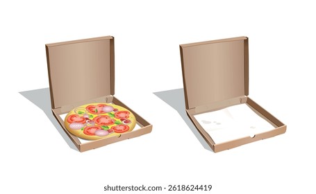 Fast food. Pizza in an open box and an empty box on a white background. Vector realistic 3d illustration