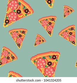 Fast Food Pizza Pixel Art Seamless Pattern. Pizza In Old School Style. Vintage Food.