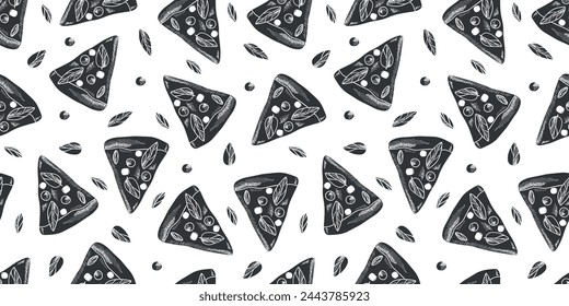 Fast food pizza seamless pattern. Black and white drawn pizza. Fast food vector hand drawn. Doodle sketch pizza margarita pattern