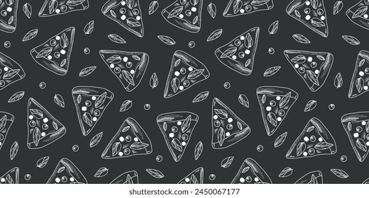 Fast food pizza seamless pattern. Chalk drawn pizza. Fast food vector hand drawn. Doodle sketch pizza margarita pattern chalk drawn on black chalkboard