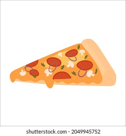 Fast food pizza slice, tasty fastfood snack vector illustration. Cartoon piece of pizza side view, junk food menu for italian restaurant or pizzeria isolated on white