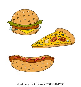 Fast food. Pizza slices, hot dog, burger. Food. A quick snack. Vector. Doodle. Hand-drawn illustration.