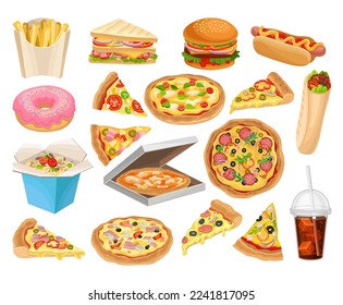 Fast Food mit Pizza, Soda, Nudeln, Hot Dog, Hamburger, Donut, Sandwich und French Fries Big Vector Set