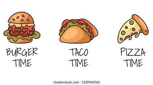 Fast food pizza taco burger sandwich line art hand drawn isolated set. Vector graphic design illustration