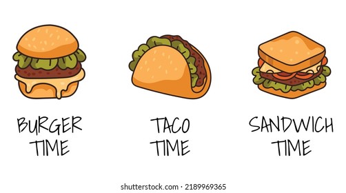 Fast food pizza taco burger sandwich line art hand drawn isolated set. Vector graphic design illustration