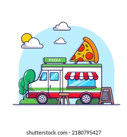 Fast food pizza truck in the park. with big tasty pizza, illustration cartoon street food white isolated