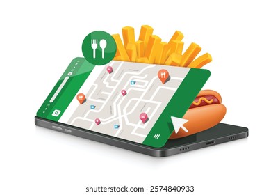 Fast food is placed on screen of smartphone or mobile phone, ready to be delivered to customer's location according to a GPS map, vector 3d illustration isolated for delivery banner advertising design