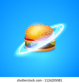 Fast food Planet. Beautiful Burger with Glossy Rings. Style vector illustration, EPS 10.